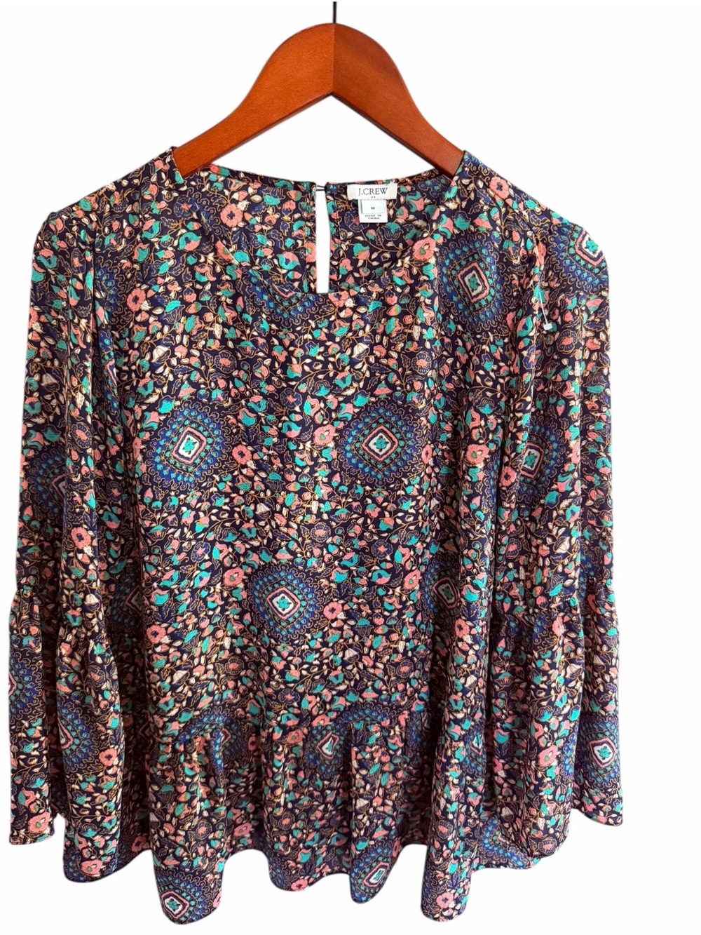 J. Crew Floral Geometric Long-Sleeve Peplum Top — Navy, Pink, Teal